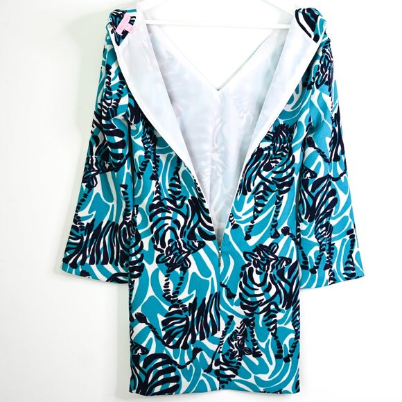 LILLY PULITZER Navy Teal White Zebra Print Long Sleeve Shift Dress - Size 2 - Picture 8 of 12